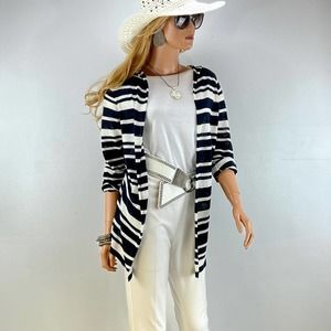 Cardigan White & Navy Blue Striped Opened Knit Front Hooded Long Sleeves. NWOT